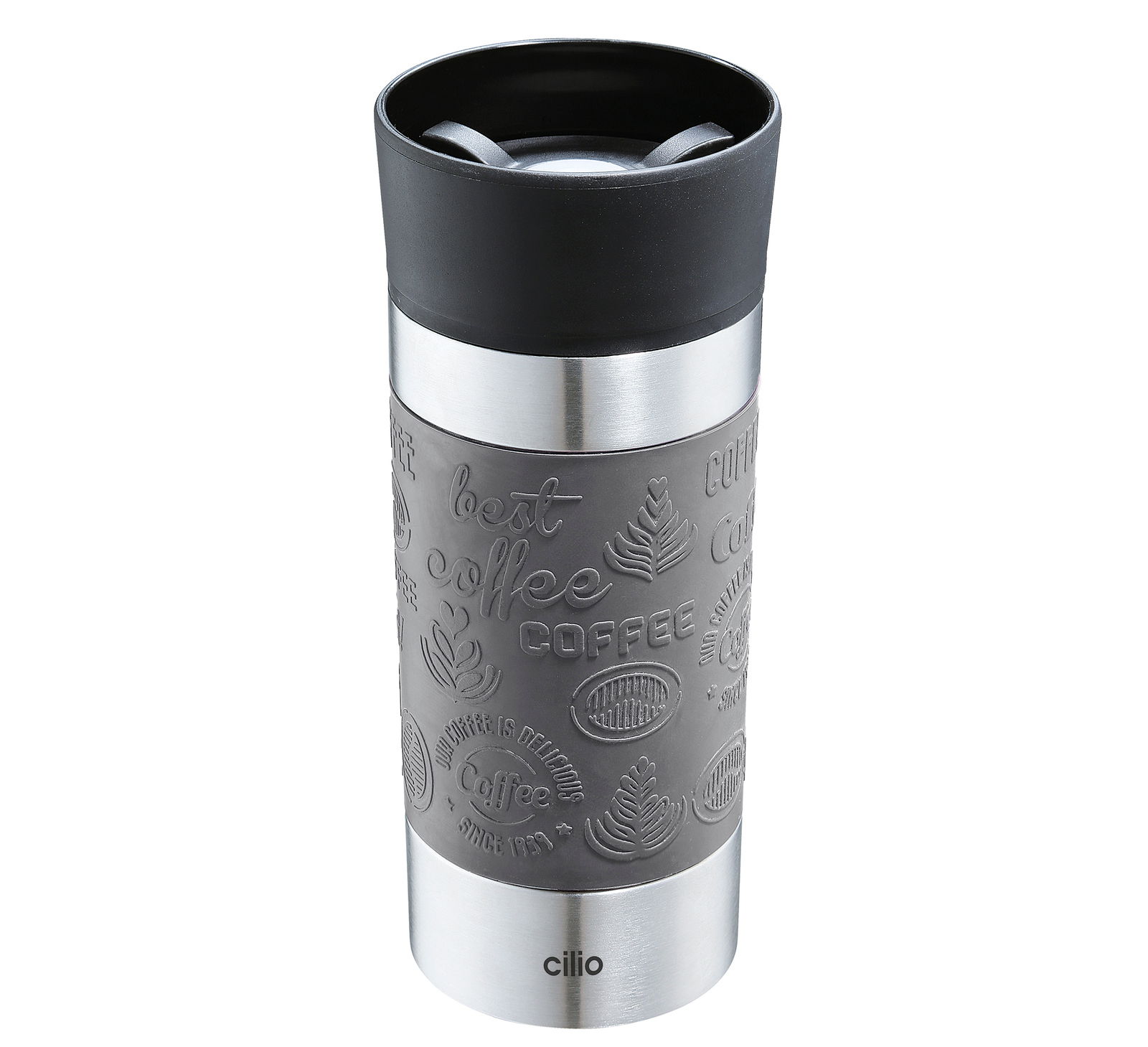 Grauer Isoliertrinkbecher 360ml mit schwarzem Deckel und geprägtem Kaffeedesign, seitliche Perspektive