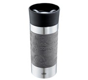 Grijze thermosbeker van 360 ml met zwarte deksel en reliëfmotief met koffiethema, zijaanzicht