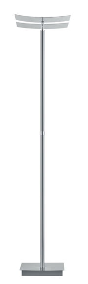 Moderne Stehleuchte ANDY in silberner Farbe, frontal abgebildet mit rechteckigem Sockel und gebogenem Lampenschirm.