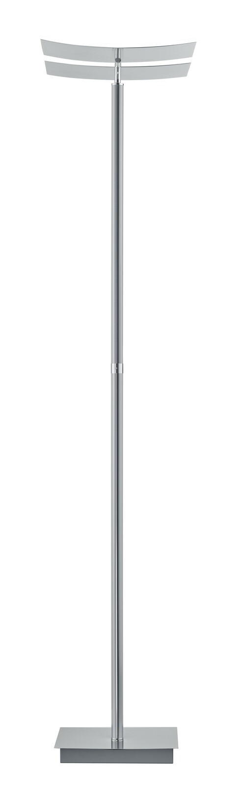 Moderne Stehleuchte ANDY in silberner Farbe, frontal abgebildet mit rechteckigem Sockel und gebogenem Lampenschirm.