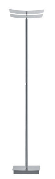 Moderne Stehleuchte ANDY in silberner Farbe, frontal abgebildet mit rechteckigem Sockel und gebogenem Lampenschirm.