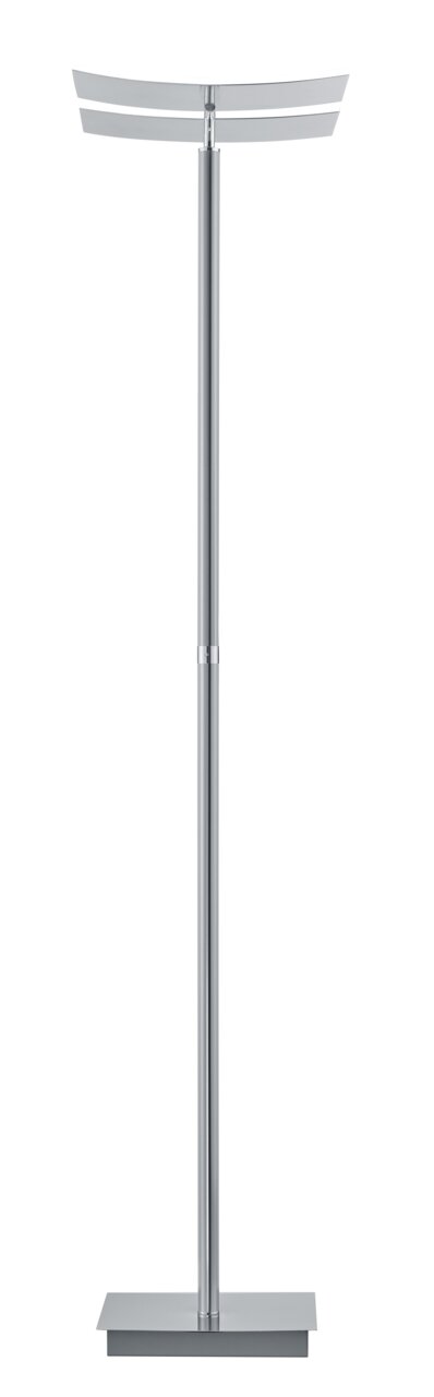 Moderne staande lamp ANDY in zilverkleur, hier afgebeeld van voren met een rechthoekige voet en een gebogen lampenkap.