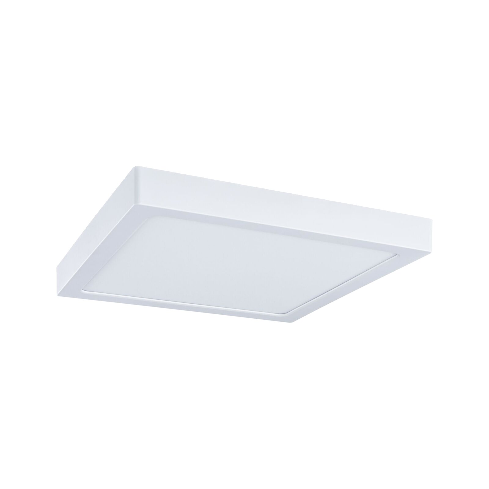 Quadratische, flache LED-Deckenleuchte in Weiß mit satiniertem Diffusor, freigestellt auf weißem Hintergrund, in schräger Untersicht (von unten) dargestellt.
