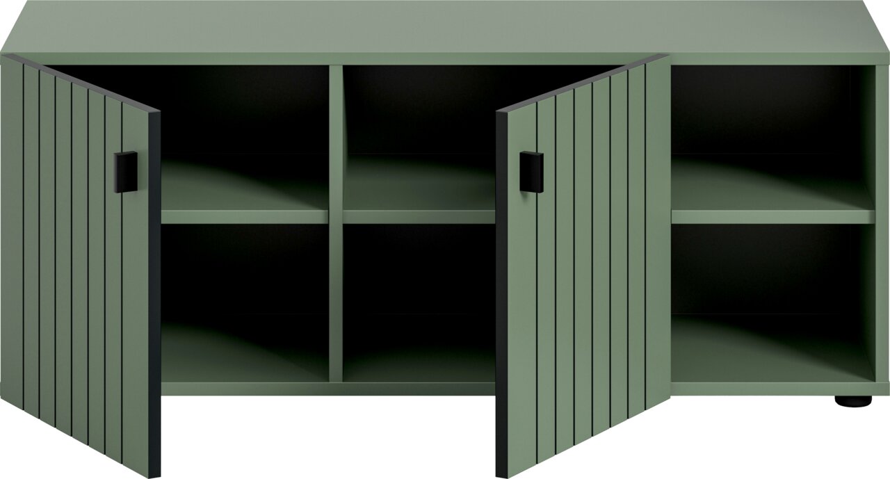 Grünes Sideboard/Kommode mit zwei geöffneten Lamellentüren, schwarzen Griffen und mehreren Innenfächern, Frontansicht leicht von oben