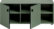 Grünes Sideboard/Kommode mit zwei geöffneten Lamellentüren, schwarzen Griffen und mehreren Innenfächern, Frontansicht leicht von oben