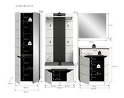 Maßgrafik einer modernen Garderoben-Kombination in Weiß/Anthrazit mit Hochschrank, Sitzbank, Kommode und Spiegel, Frontansicht mit eingezeichneten Abmessungen und Belastungsangaben.