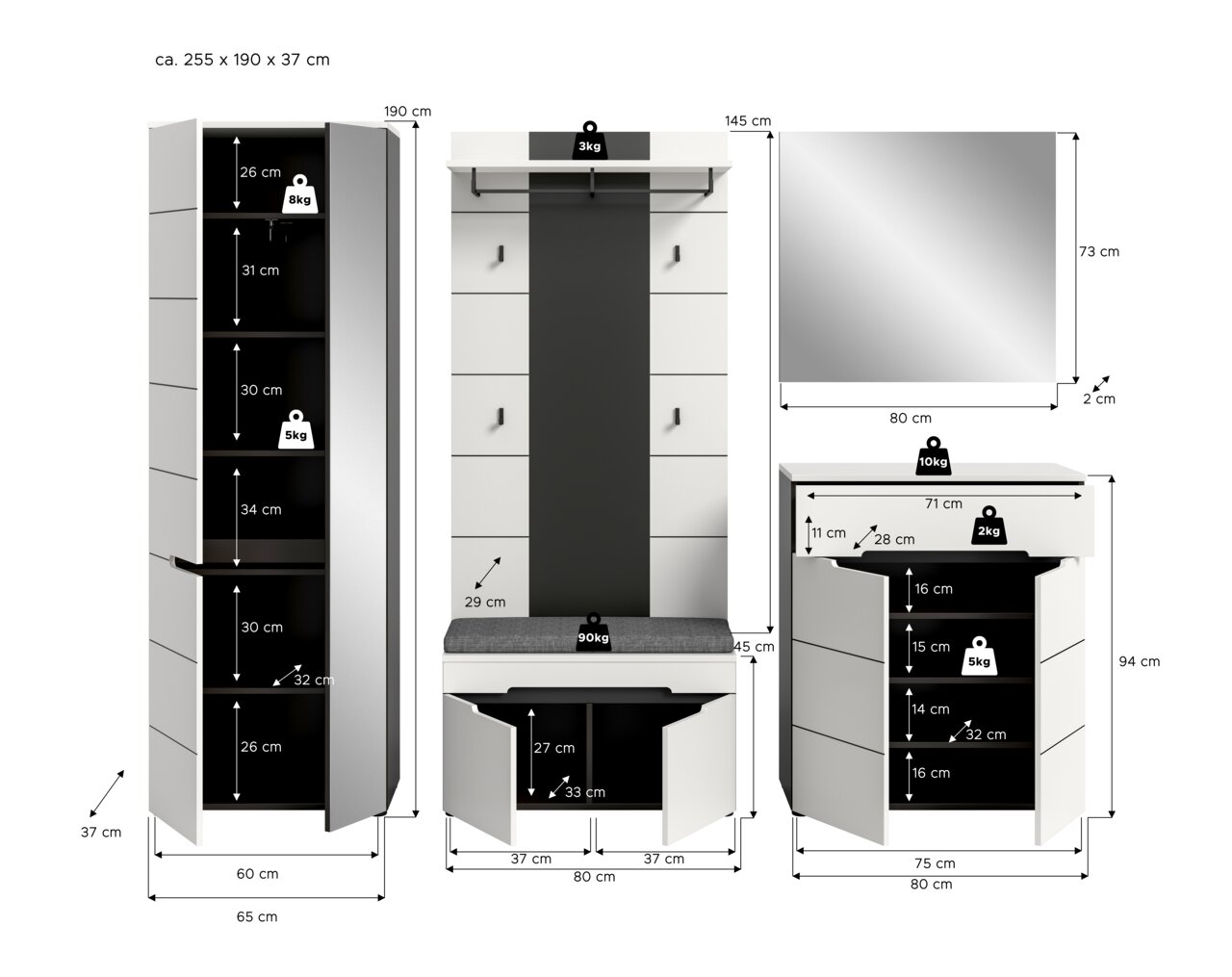 Maßgrafik einer modernen Garderoben-Kombination in Weiß/Anthrazit mit Hochschrank, Sitzbank, Kommode und Spiegel, Frontansicht mit eingezeichneten Abmessungen und Belastungsangaben.
