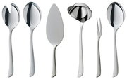 Sechs verschiedene Besteckteile aus Edelstahl, darunter ein Salatbesteck, ein Tortenheber, eine Suppenkelle, eine Gabel und ein großer Löffel, frontal abgebildet.