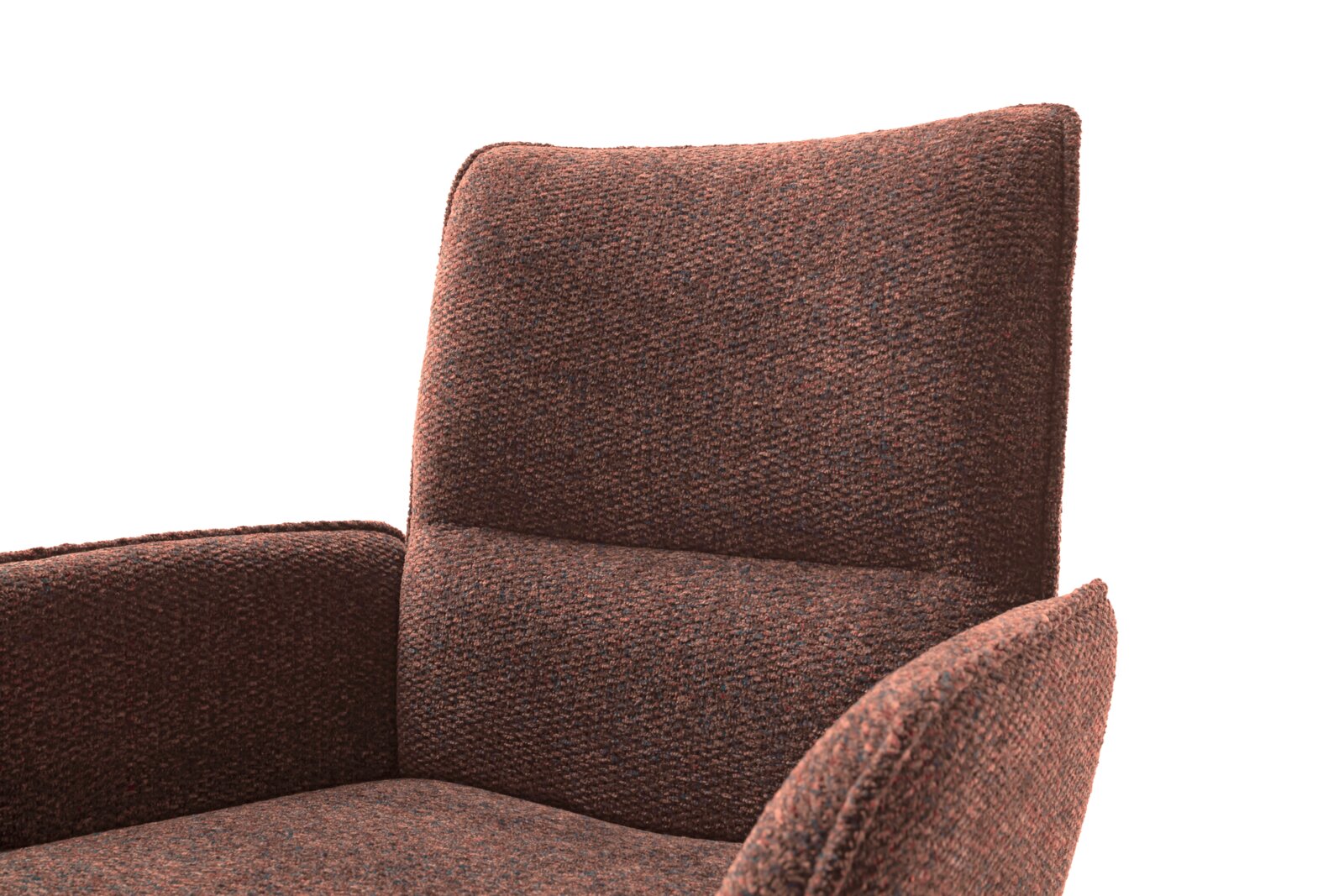 Nahaufnahme eines braunen Armlehnstuhls mit texturierter Oberfläche, seitliche Perspektive