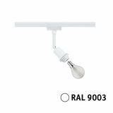 Weißer Basisspot für URAIL-System von PAULMANN, seitliche Ansicht, mit Glühbirne und RAL 9003 Farbangabe.