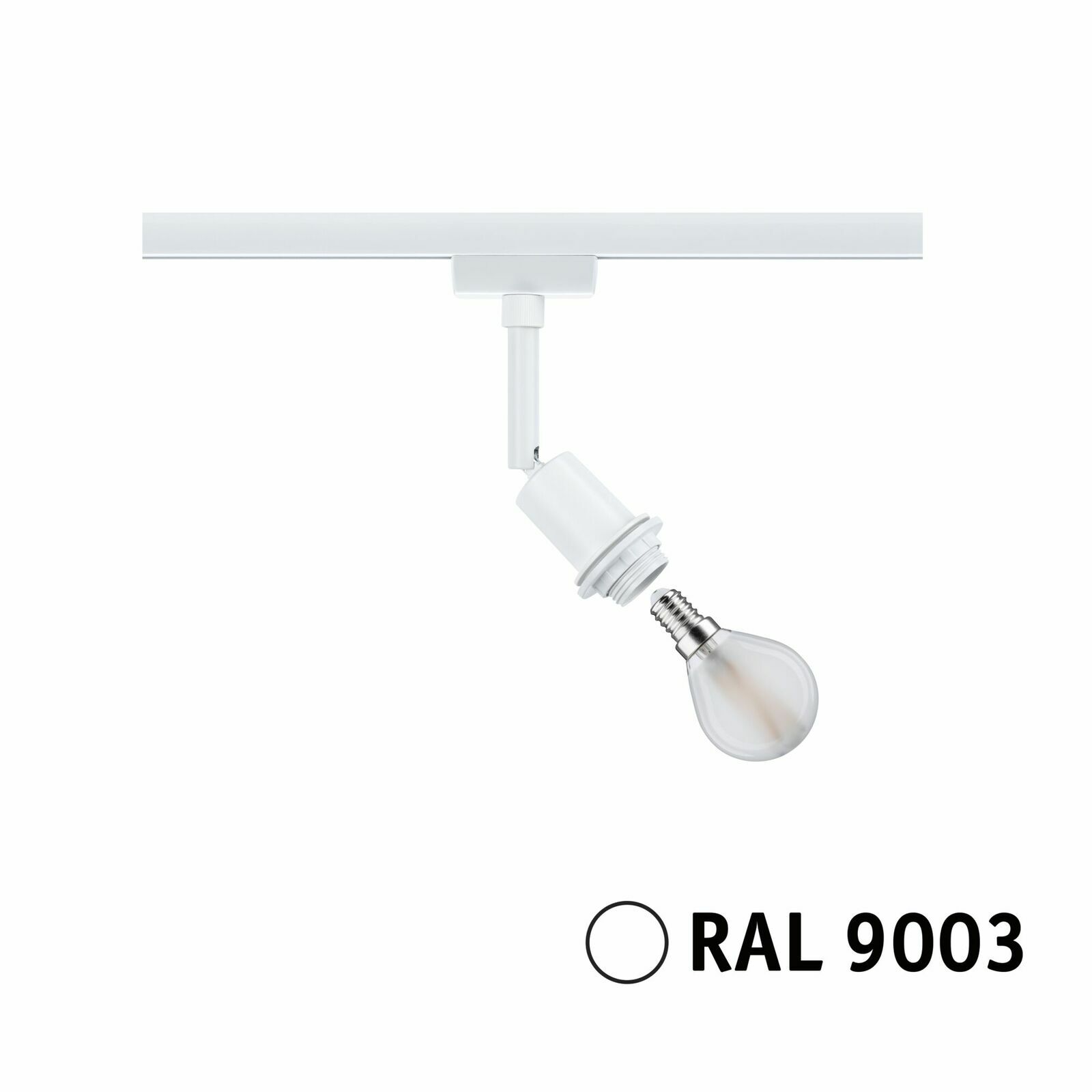 Weißer Basisspot für URAIL-System von PAULMANN, seitliche Ansicht, mit Glühbirne und RAL 9003 Farbangabe.