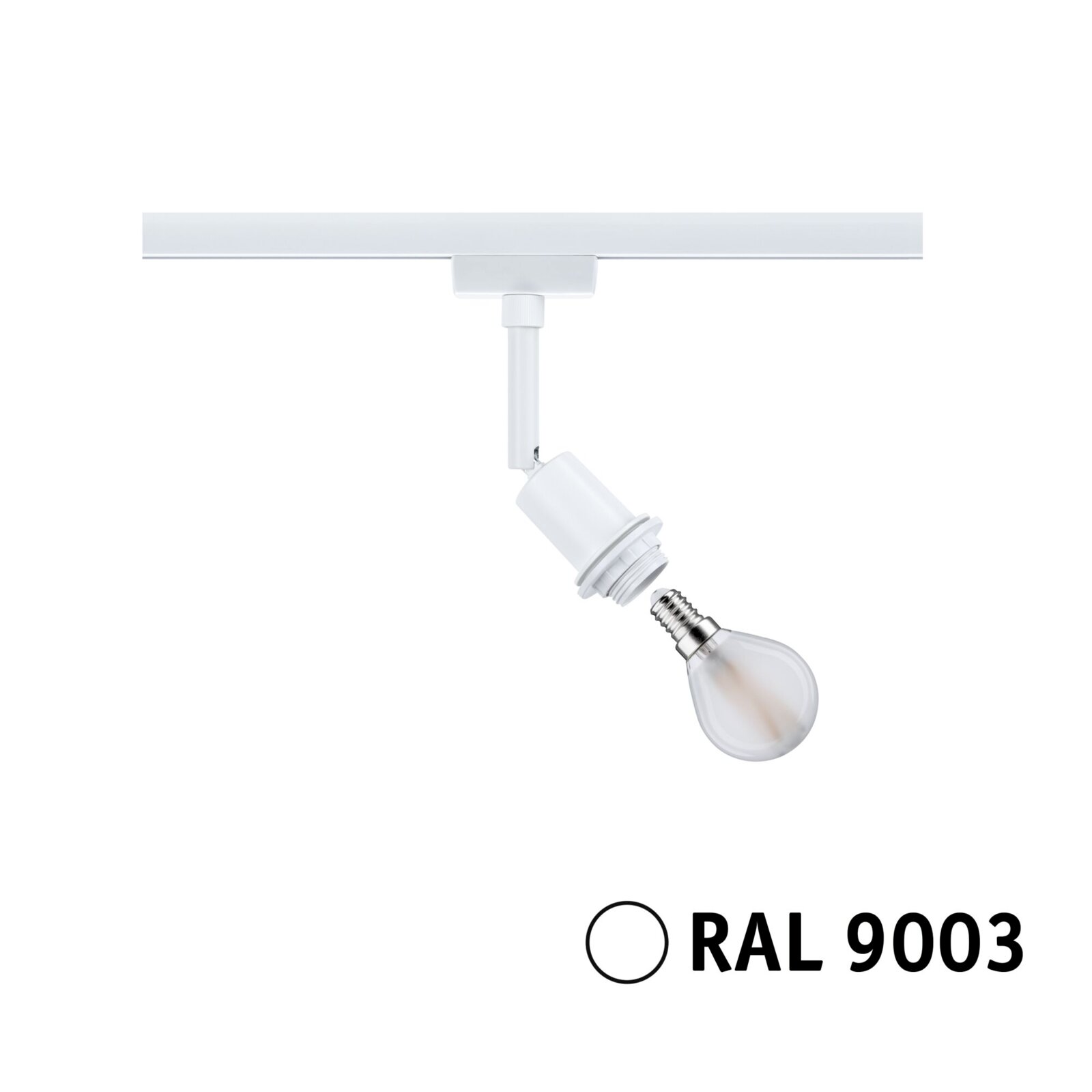 Witte basisspot voor het URAIL-systeem van PAULMANN, zijaanzicht, met gloeilamp en kleuraanduiding RAL 9003.