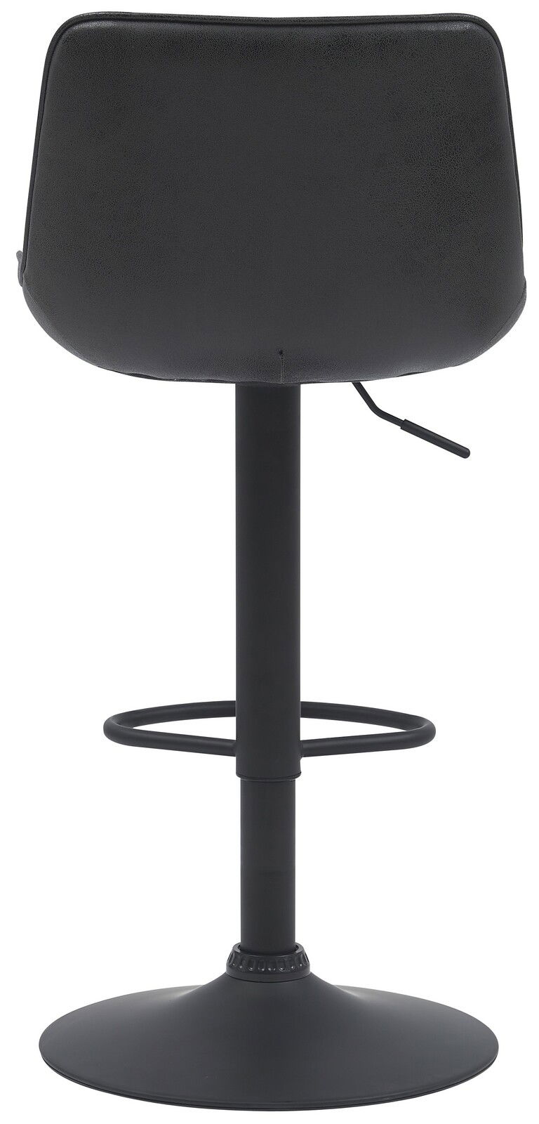 Rückansicht eines schwarzen Barhockers mit runder Basis und Fußstütze