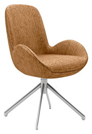 Moderner Armlehnstuhl mit braunem Stoffbezug und silbernem Metallgestell, seitliche Perspektive