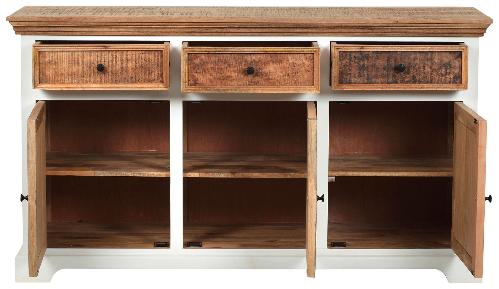 Frontansicht eines Sideboards mit drei offenen Schubladen und drei offenen Schranktüren, aus Holz gefertigt.
