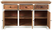 Frontansicht eines Sideboards mit drei offenen Schubladen und drei offenen Schranktüren, aus Holz gefertigt.