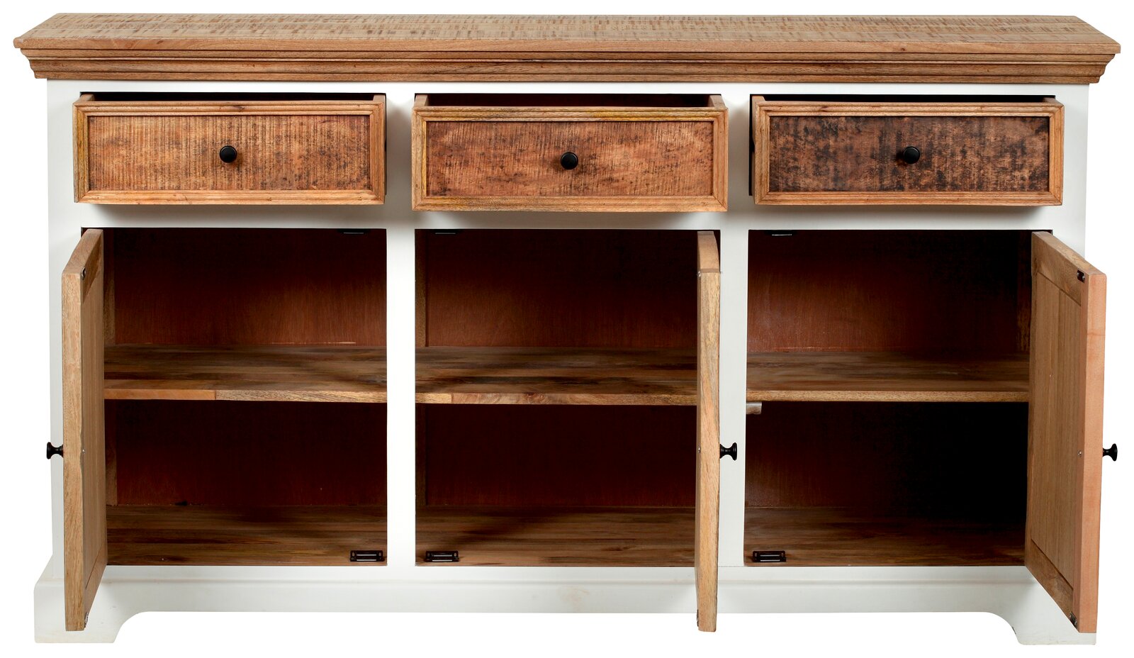 Frontansicht eines Sideboards mit drei offenen Schubladen und drei offenen Schranktüren, aus Holz gefertigt.