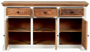 Frontansicht eines Sideboards mit drei offenen Schubladen und drei offenen Schranktüren, aus Holz gefertigt.