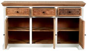 Frontansicht eines Sideboards mit drei offenen Schubladen und drei offenen Schranktüren, aus Holz gefertigt.