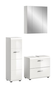 Modernes Badmöbel-Set in Weiß Hochglanz mit Spiegelschrank, Hochschrank und Waschtischunterschrank mit zwei Schubladen, Frontansicht in leichter Seitenperspektive