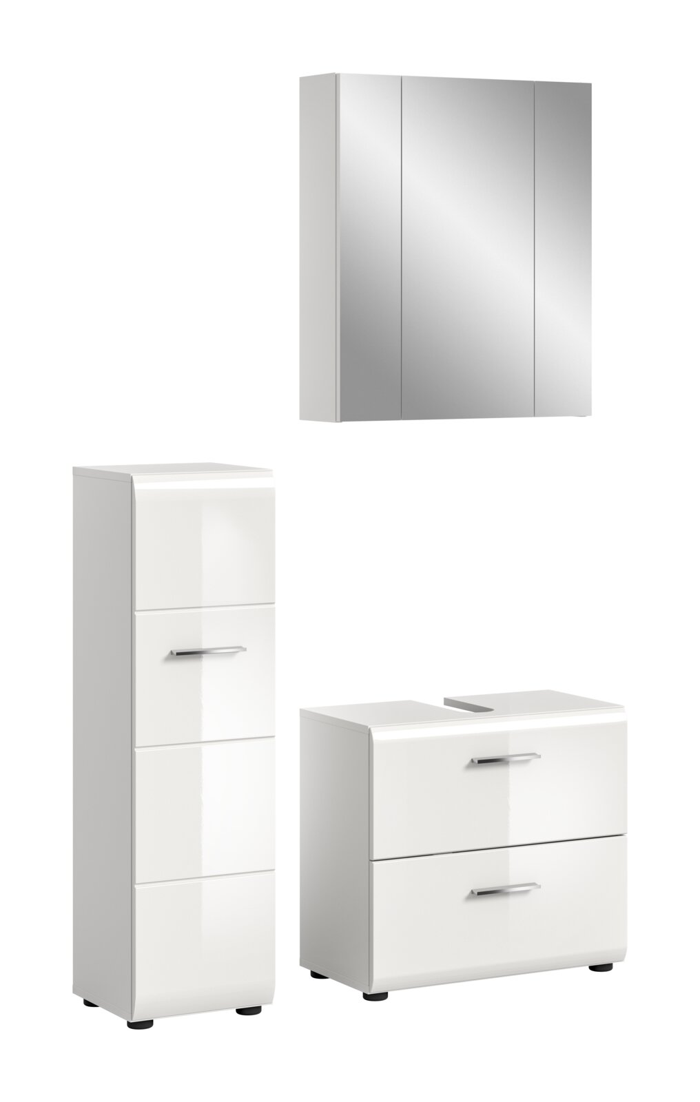 Modernes Badmöbel-Set in Weiß Hochglanz mit Spiegelschrank, Hochschrank und Waschtischunterschrank mit zwei Schubladen, Frontansicht in leichter Seitenperspektive