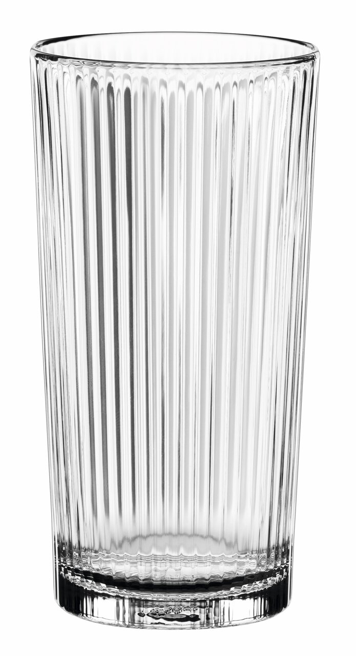 Großer, gerippter Glasbecher aus klarem Glas, frontal fotografiert.
