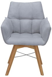 Grauer Armlehnenstuhl mit gepolstertem Sitz und Rückenlehne, Holzbeine, Vorderansicht