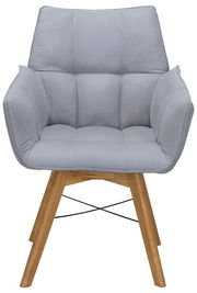 Grauer Armlehnenstuhl mit gepolstertem Sitz und Rückenlehne, Holzbeine, Vorderansicht