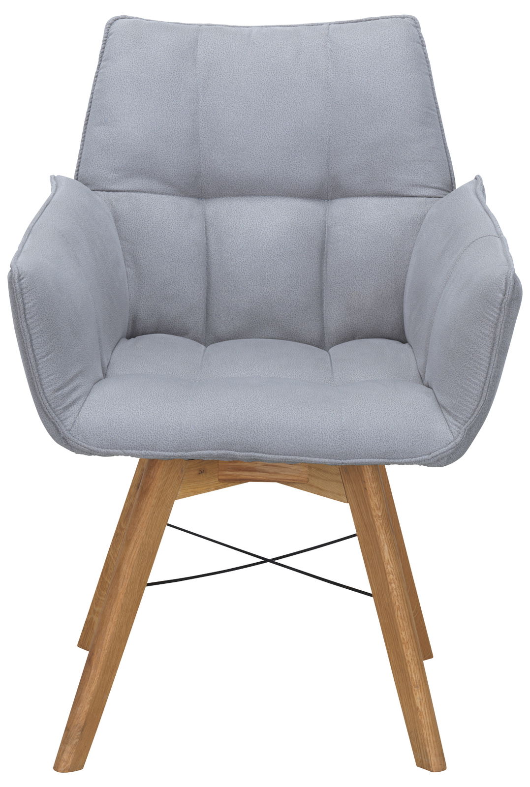 Grauer Armlehnenstuhl mit gepolstertem Sitz und Rückenlehne, Holzbeine, Vorderansicht