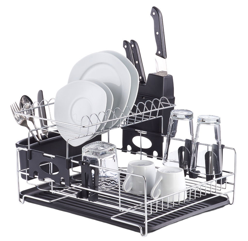 Zeller Present Geschirrabtropfständer Geschirrabtropfständer aus Metall mit zwei Ebenen, gefüllt mit Tellern, Gläsern, Tassen und Besteck, seitliche Perspektive