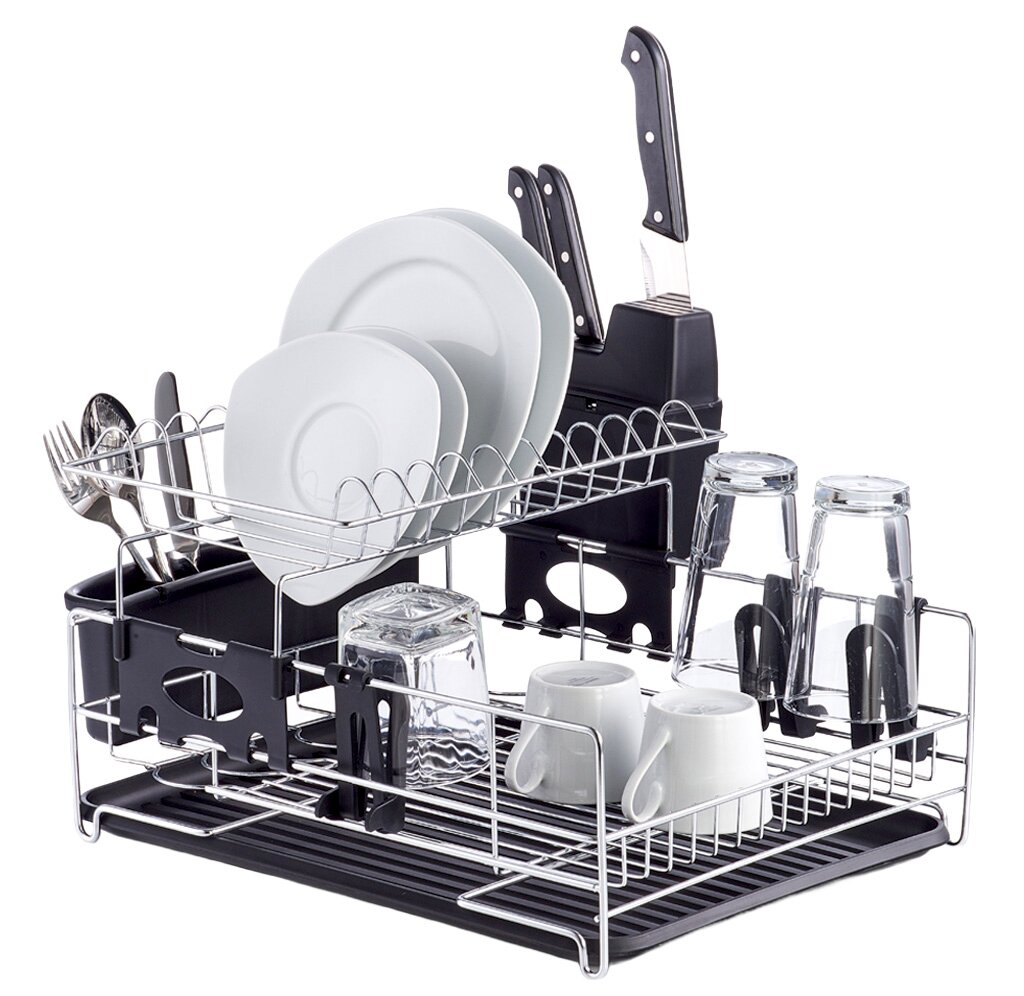 Geschirrabtropfständer aus Metall mit zwei Ebenen, gefüllt mit Tellern, Gläsern, Tassen und Besteck, seitliche Perspektive