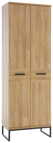 Garderobenschrank aus Holz mit zwei Türen und schwarzen Griffen, frontal fotografiert.