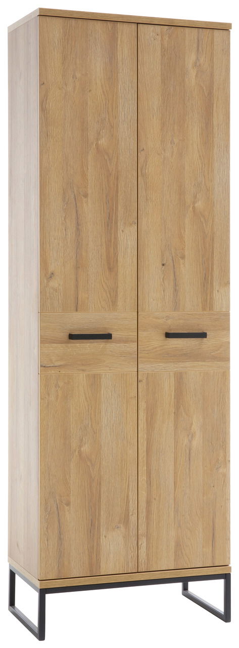 Garderobenschrank aus Holz mit zwei Türen und schwarzen Griffen, frontal fotografiert.