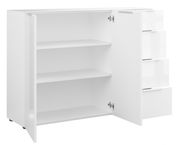 Weißes Sideboard mit offenen Türen und Schubladen, seitliche Perspektive