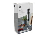 Verpackung des WMF Stabmixers Kult X, Vorderansicht mit Abbildung des Produkts und technischen Details.