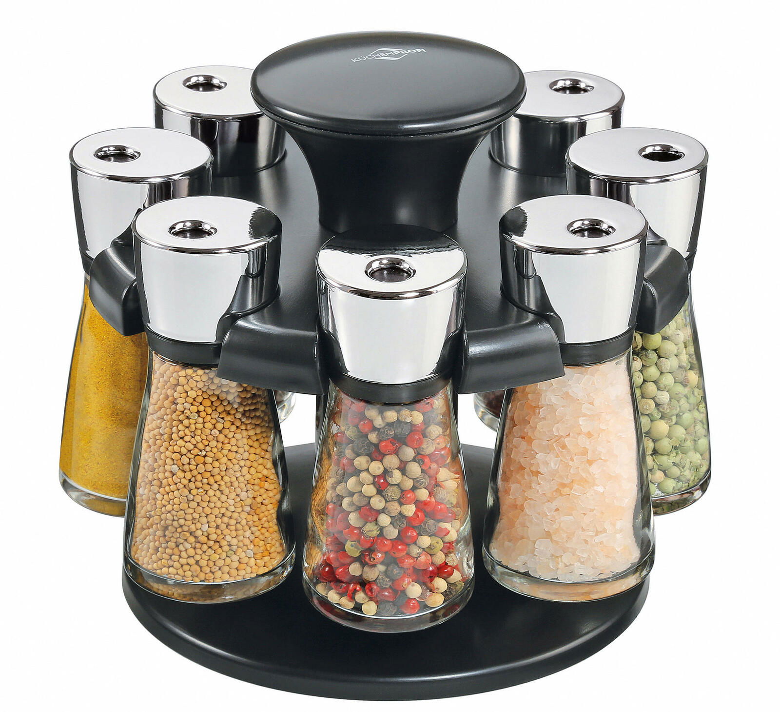 KÜCHENPROFI Gewürzkarussell RONDO Gewürzkarussell mit 8 Gläsern, gefüllt mit verschiedenen Gewürzen, aus der Vogelperspektive fotografiert.