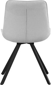 Rückansicht eines modernen Polsterstuhls mit hellbeigem Stoffbezug und schwarzen, schräg gestellten Metallbeinen vor weißem Hintergrund