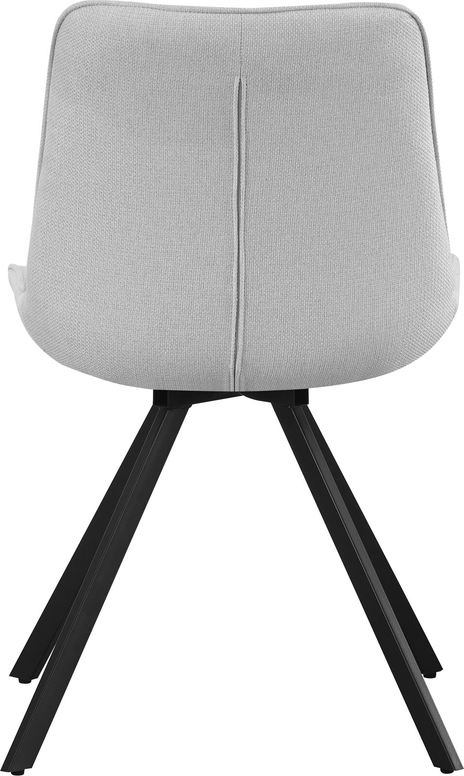 Rückansicht eines modernen Polsterstuhls mit hellbeigem Stoffbezug und schwarzen, schräg gestellten Metallbeinen vor weißem Hintergrund