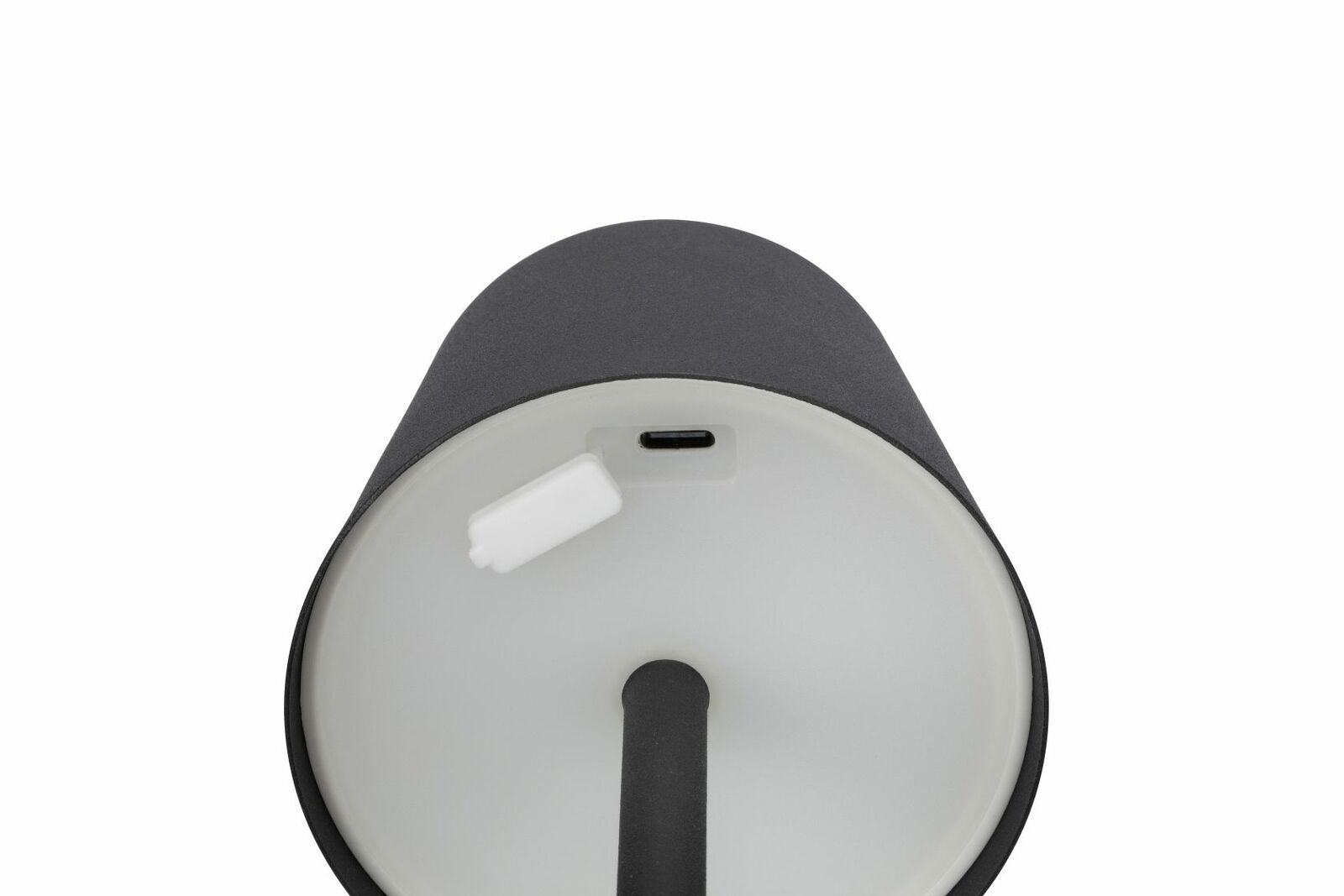 Unteransicht einer Akku-Tischleuchte mit USB-C-Anschluss und Schalter