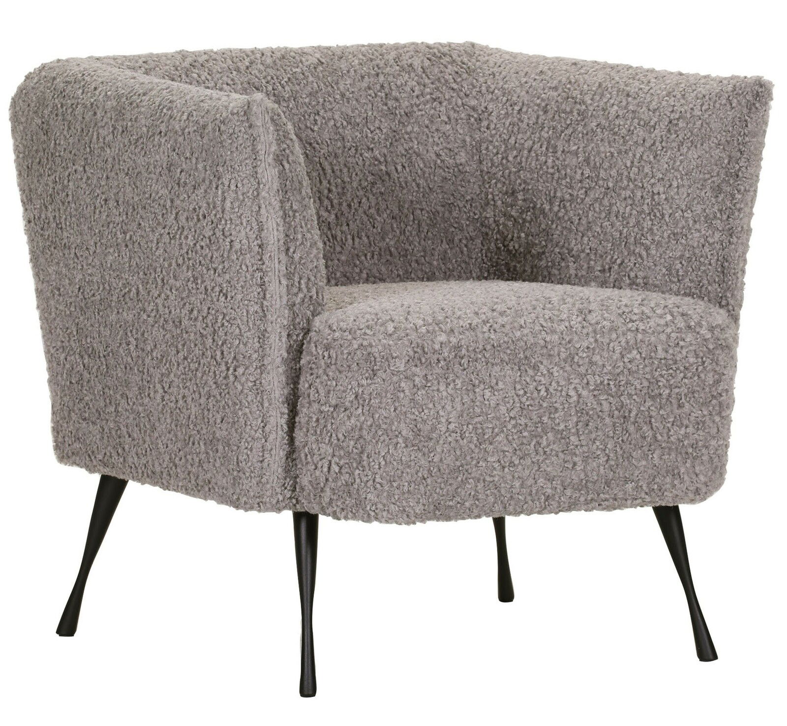 Grauer Sessel mit weichem, flauschigem Stoffbezug und schwarzen, schlanken Beinen, seitliche Perspektive