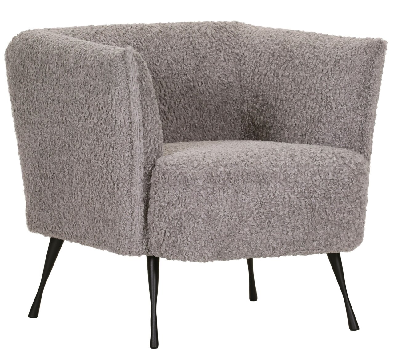 Landscape Sessel MANNI Grauer Sessel mit weichem, flauschigem Stoffbezug und schwarzen, schlanken Beinen, seitliche Perspektive