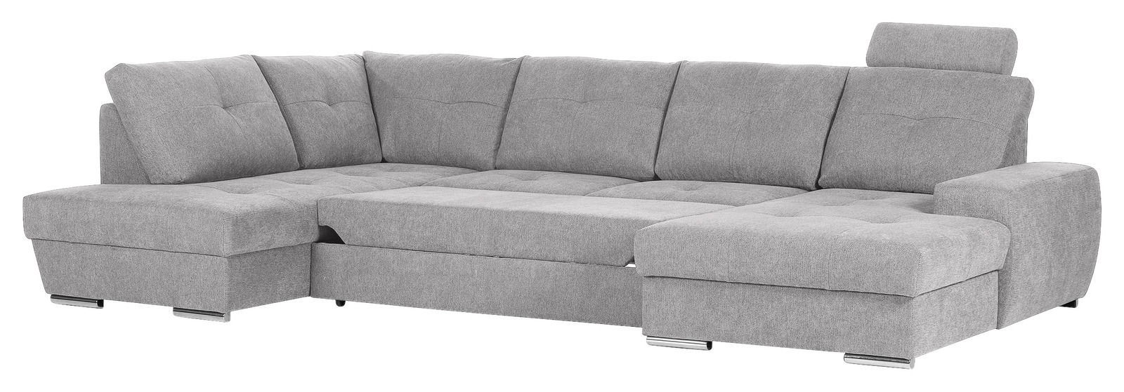 Graues Ecksofa mit Ottomane, Ansicht von schräg vorne.