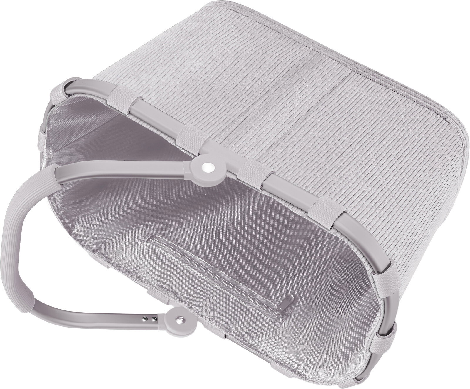 Graue, gerippte Aufbewahrungstasche mit Reißverschlussfach und klappbarem Metallrahmen/Griff, schräg von oben in Seitenansicht fotografiert.