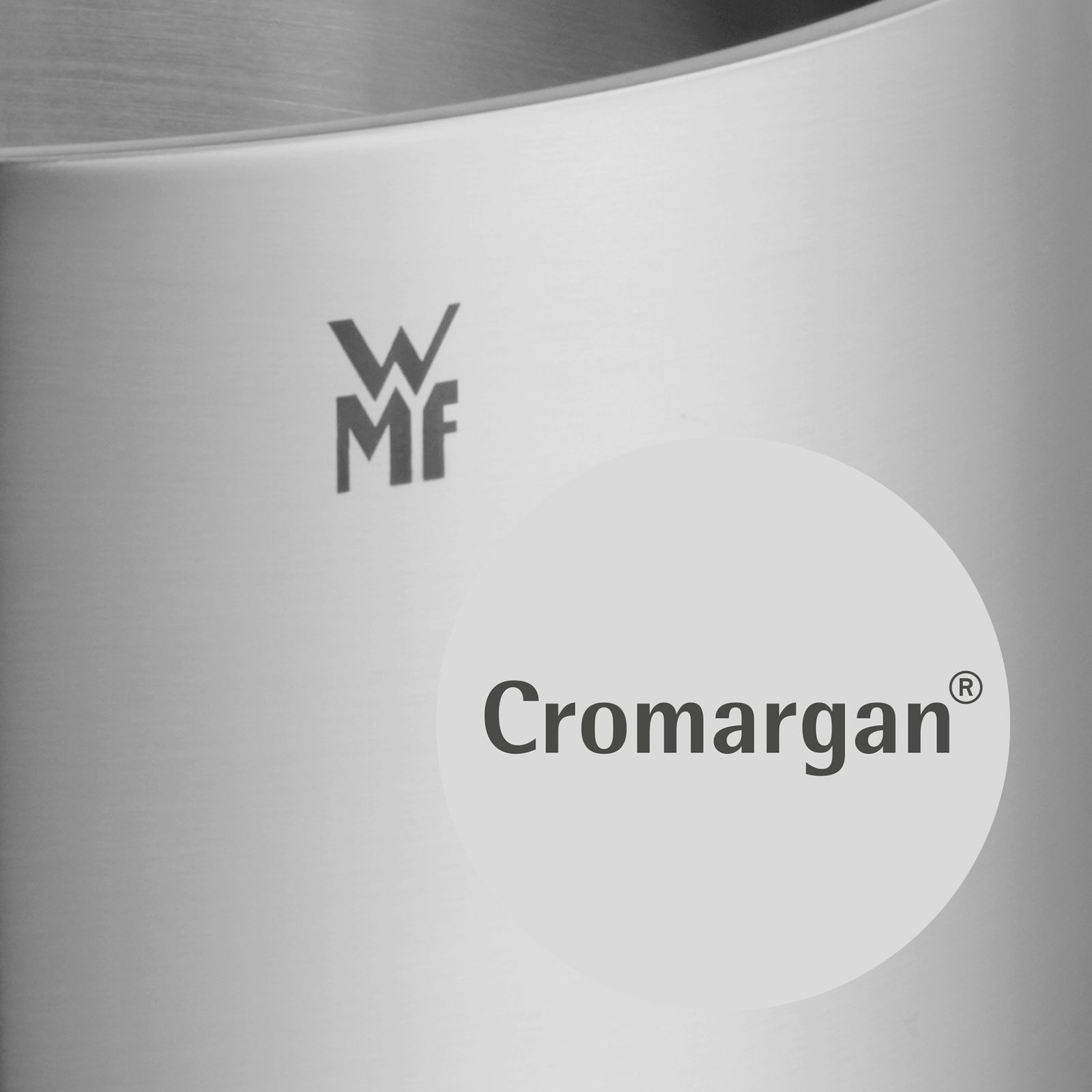 Nahaufnahme eines Topfes aus Cromargan® Edelstahl mit WMF-Logo, seitliche Perspektive