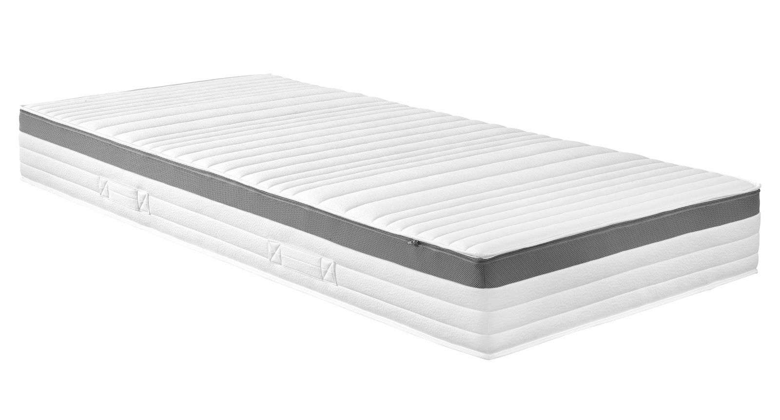 TTFK-Matratze H2 in seitlicher Perspektive mit gestepptem Obermaterial und grauem Seitenstreifen