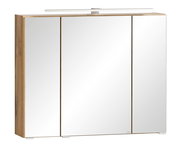 Moderner Spiegelschrank 80 cm mit drei Türen und Holzrahmen, seitliche Perspektive