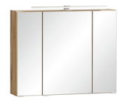 Moderner Spiegelschrank 80 cm mit drei Türen und Holzrahmen, seitliche Perspektive
