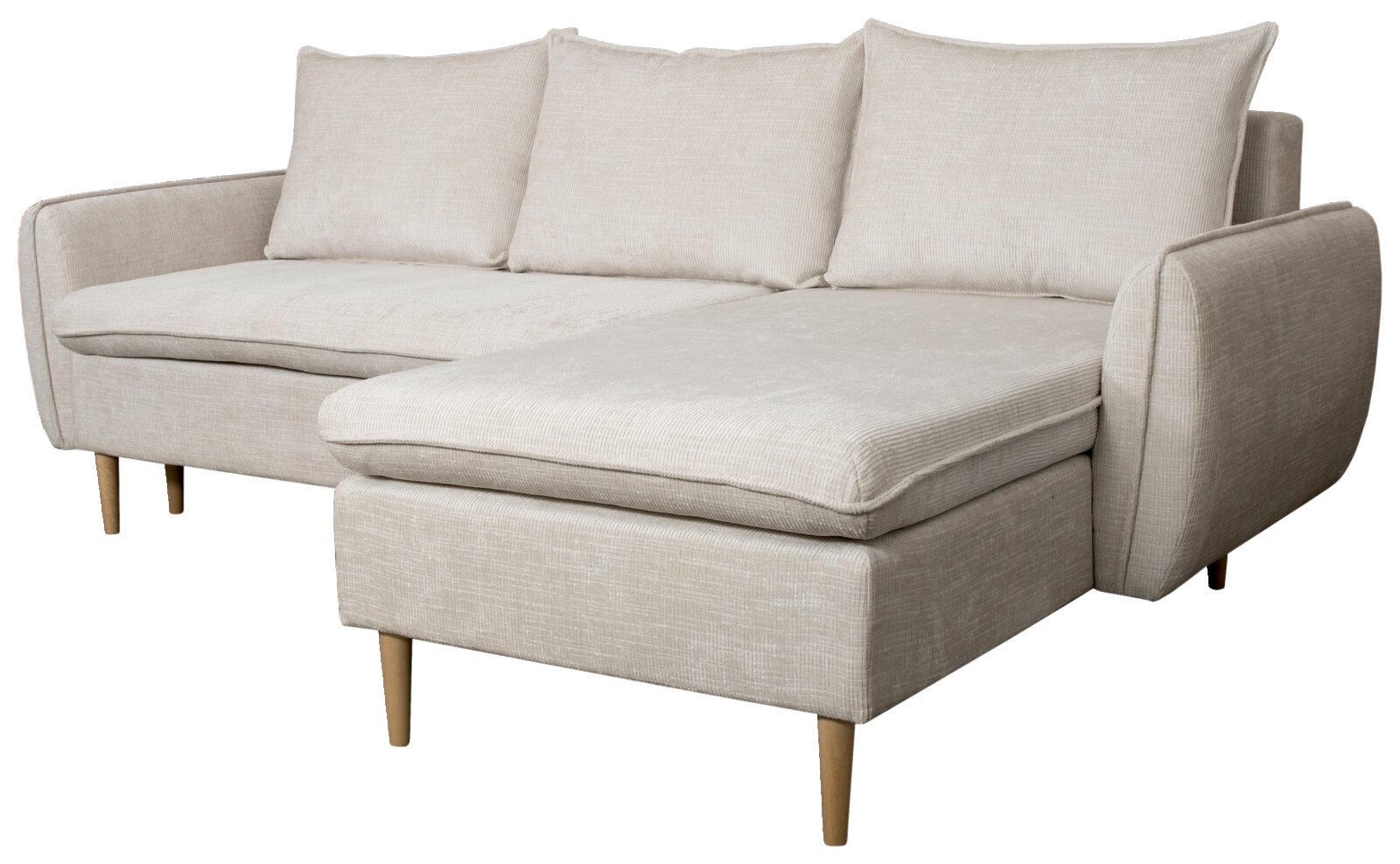 Beige Ecksofa mit Holzfüßen, seitliche Perspektive
