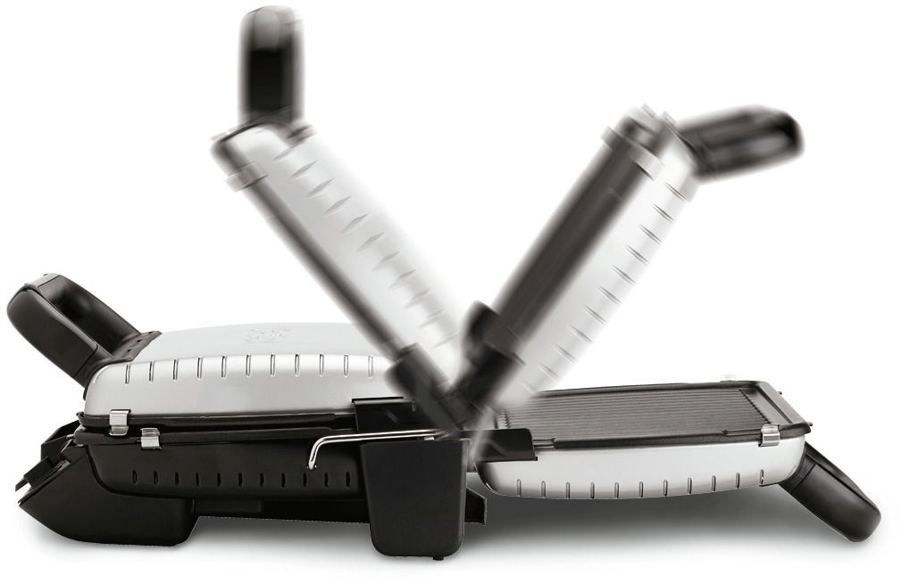 Seitenansicht eines silbernen Kontaktgrills 2in1 mit geöffnetem Deckel.