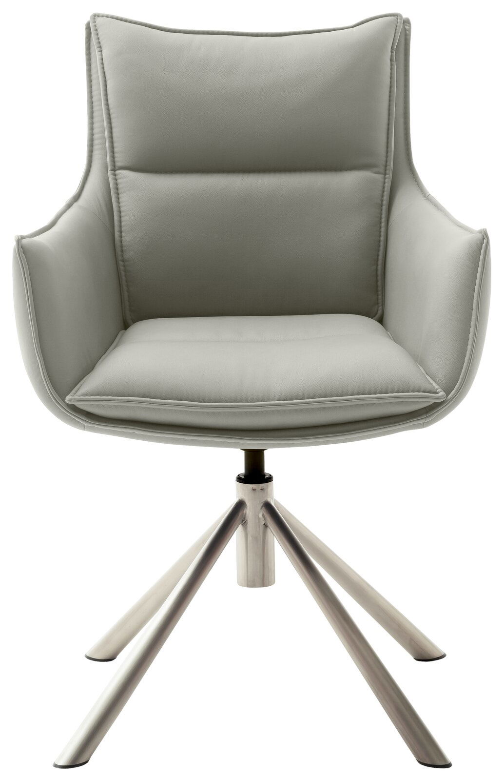 Moderner Sessel mit grauem Polster und Metallgestell, Frontalansicht